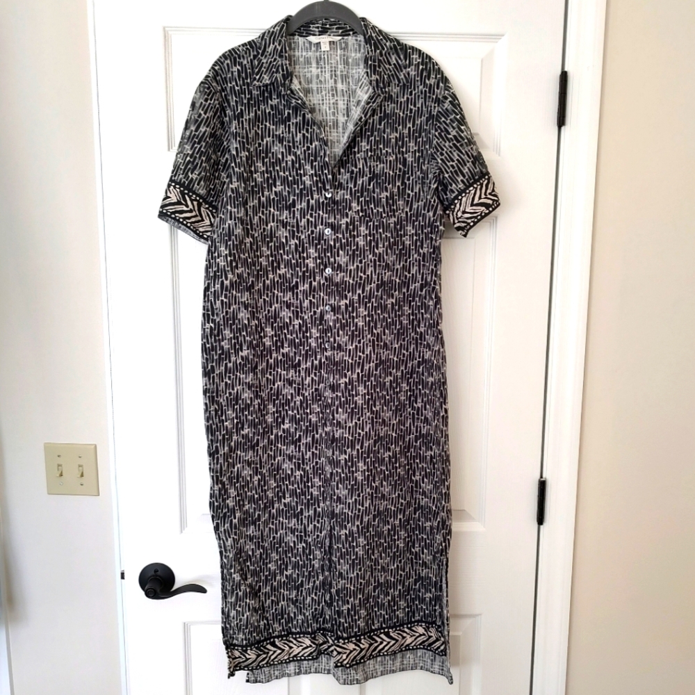 Garnet Hill Maxi Shirt Dress Cotton Abstract Zebra Print Button Down Coastal S